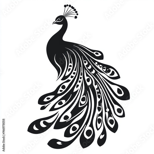 A black and white silhouette of a peacock with its feathers spread out in a fan shape.