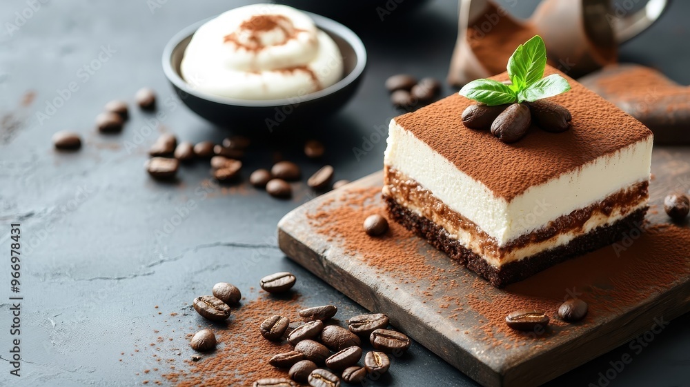 Gourmet presentation of tiramisu slice with cocoa dusting on rustic wooden board surrounded by espresso beans, cocoa powder, and mascarpone. Gourmet presentation of tiramisu slice with cocoa dusting on rustic wooden board surrounded by espresso beans, cocoa powder, and mascarpone.