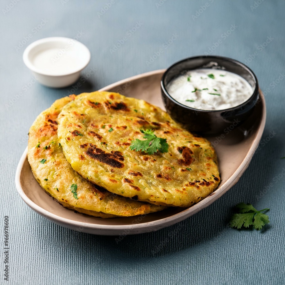Indian traditional breakfast food aloo paratha is a potato stuffed flatbread served with curd Indian traditional breakfast food aloo paratha is a potato stuffed flatbread served with curd