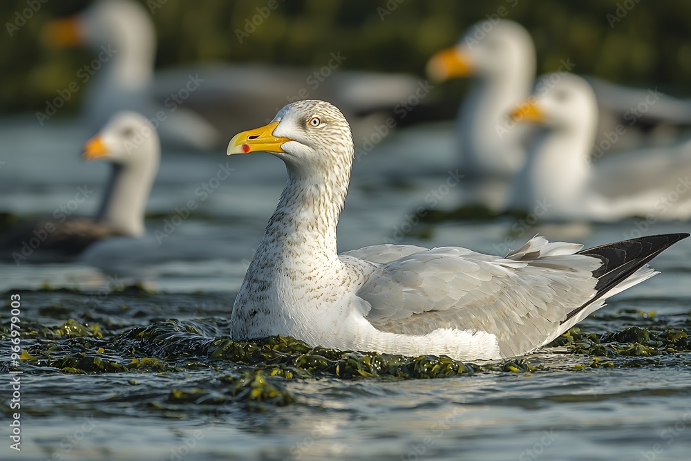 Fototapeta premium Seagulls floating gracefully on tranquil waters amongst seaweed