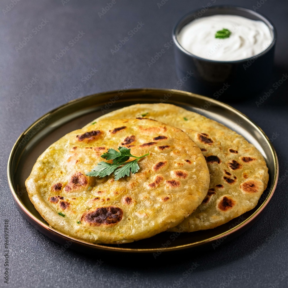 Indian traditional breakfast food aloo paratha is a potato stuffed flatbread served with curd Indian traditional breakfast food aloo paratha is a potato stuffed flatbread served with curd