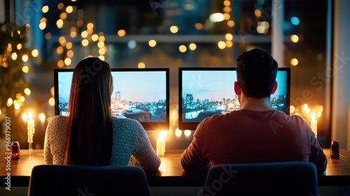 Couple Working on Computers at Night.