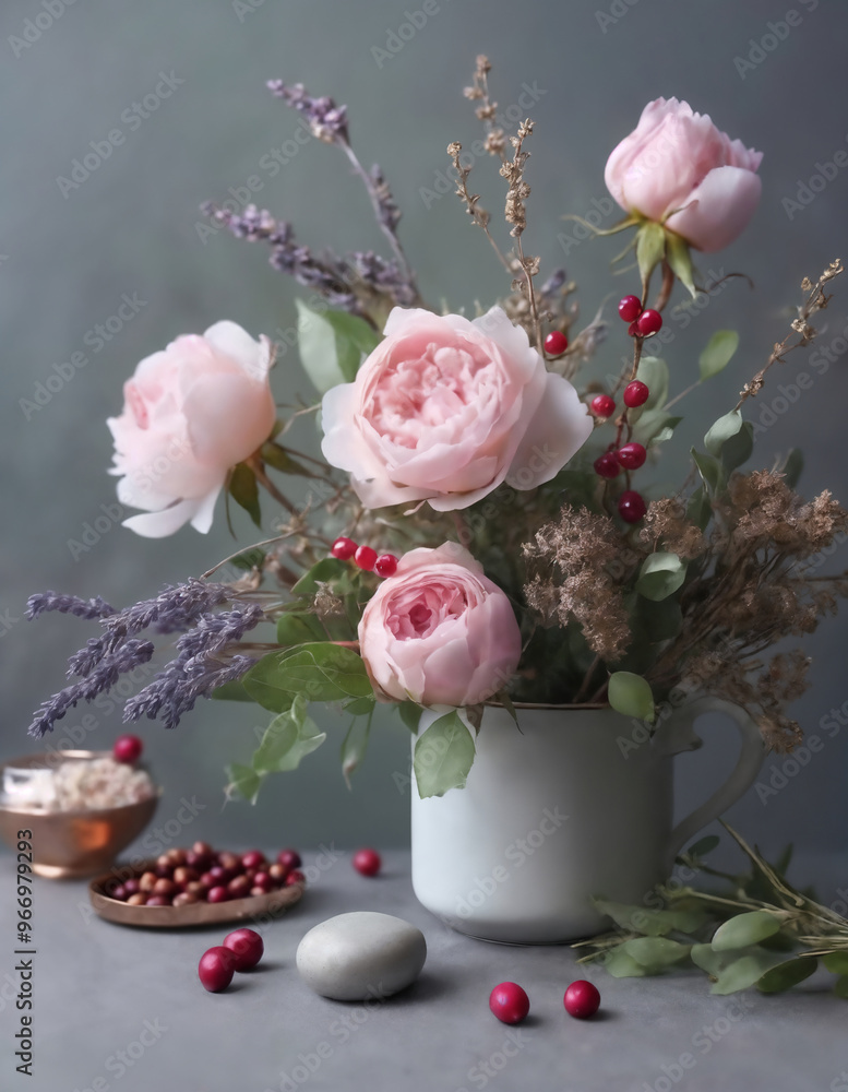 flower arrangement in a cup, soft pink roses, leaves and twigs flower arrangement in a cup, soft pink roses, leaves and twigs