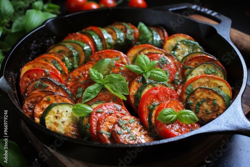 frying pan with fried zucchini, tomatoes, peppers, herbs and vegetables, delicious food photo