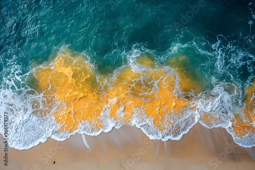 Turquoise waves meet golden sandy beach: a captivating aerial seaside view