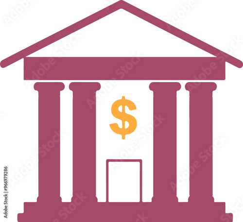 A stylized image of a pink bank building featuring a dollar sign.