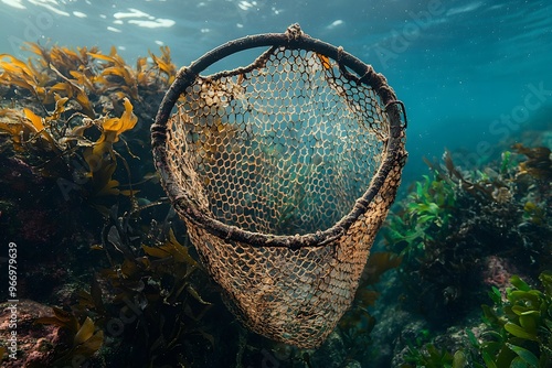 Underwater view of an old fishing net among seaweed and coral reefs photo