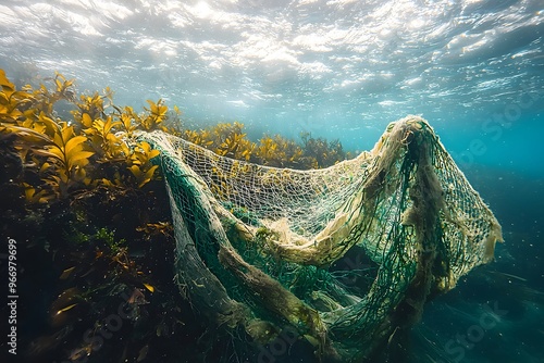 Underwater view of marine pollution: abandoned fishing net among seaweed in ocean photo