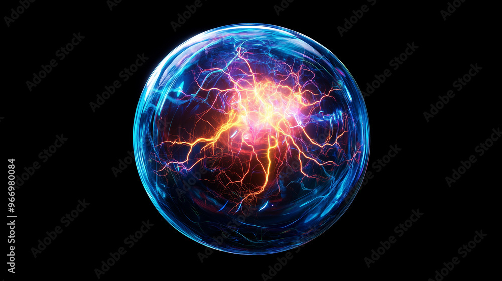 Spherical neon purple, yellow and blue cosmic energy or plasma ball with bright electric lightning streams and glowing effects on black background, VFX Spherical neon purple, yellow and blue cosmic energy or plasma ball with bright electric lightning streams and glowing effects on black background, VFX