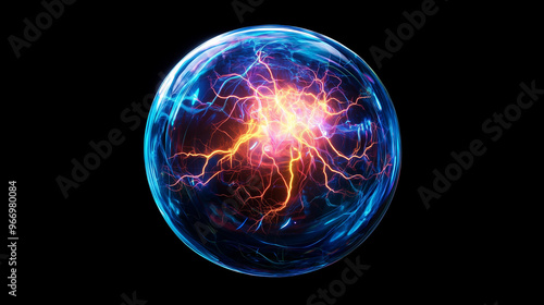 Spherical neon purple, yellow and blue cosmic energy or plasma ball with bright electric lightning streams and glowing effects on black background, VFX