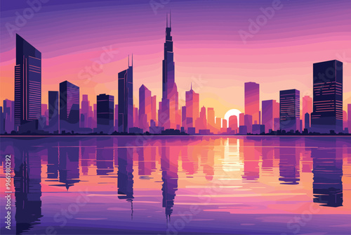 Modern City Skyline Reflecting in Sunset Waters