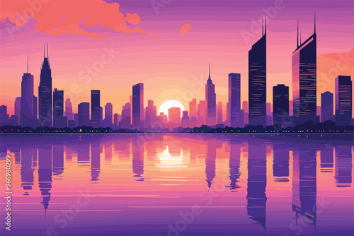 Modern City Skyline Reflecting in Sunset Waters