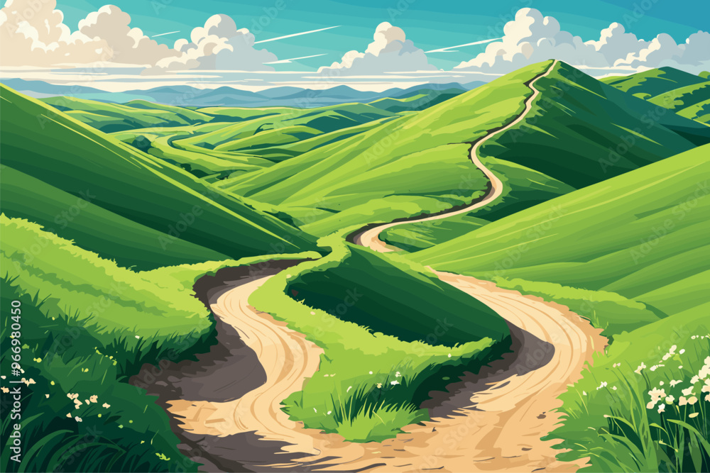 Winding Dirt Path Through Green Rolling Hills Winding Dirt Path Through Green Rolling Hills
