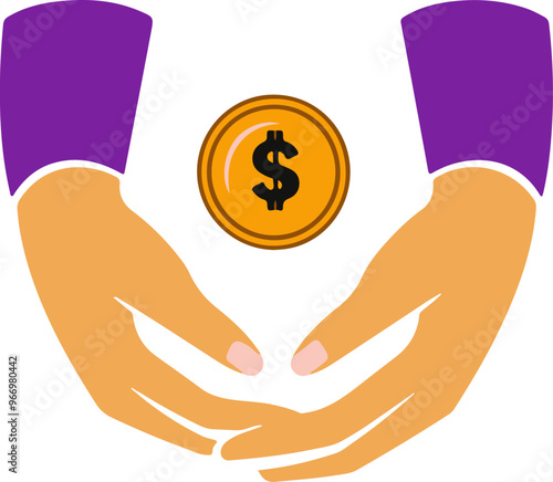 A digital image of hands cradling a gold coin with a dollar symbol.