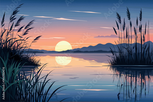Serene Sunset Over Calm Lake with Reeds