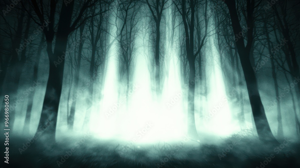Eerie Foggy Forest with Light Beams Eerie Foggy Forest with Light Beams