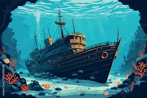 Sunken Ship Surrounded by Vibrant Coral Reef