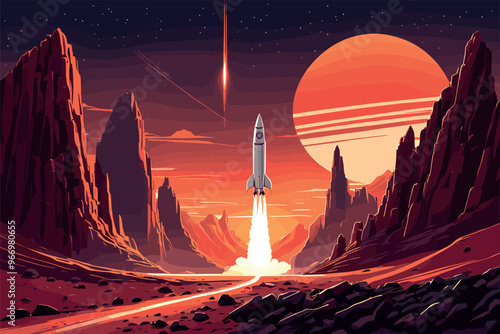 Rocket Launching Over Alien Desert Landscape