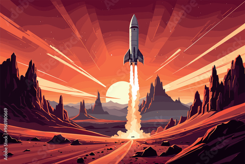 Rocket Launching Over Alien Desert Landscape