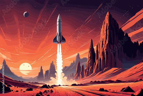 Rocket Launching Over Alien Desert Landscape