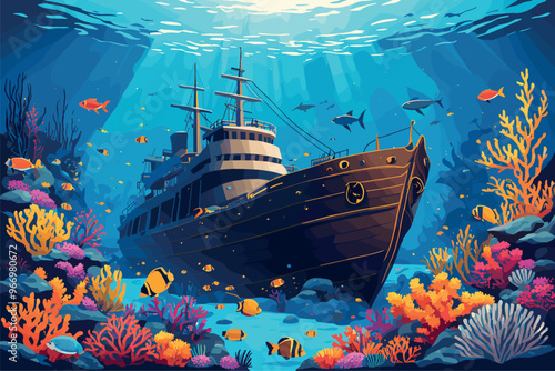 Sunken Ship Surrounded by Vibrant Coral Reef