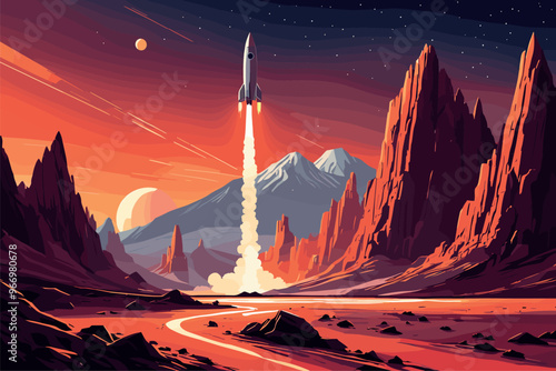 Rocket Launching Over Alien Desert Landscape