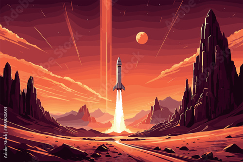 Rocket Launching Over Alien Desert Landscape