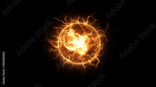 Spherical orange neon energy or plasma ball with bright electric lightning streams and glowing effects on black background, VFX