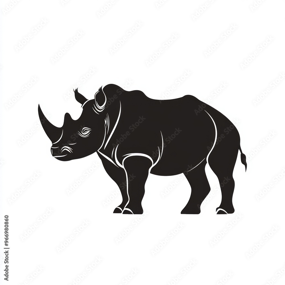A black silhouette of a rhinoceros, a large, powerful mammal with a single horn on its snout. A black silhouette of a rhinoceros, a large, powerful mammal with a single horn on its snout.