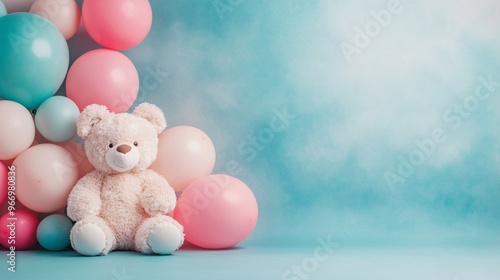 A cute, fluffy teddy bear surrounded by pastel-colored balloons in a soft ambiance.