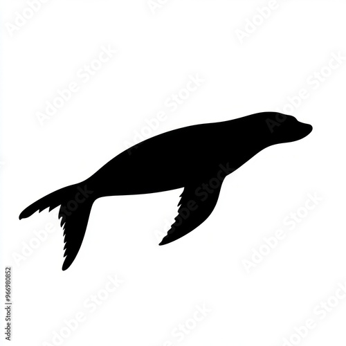 A black silhouette of a seal leaping out of the water, against a white background.