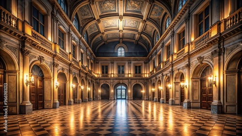 Symmetrical nighttime hall of deserted palace or castle