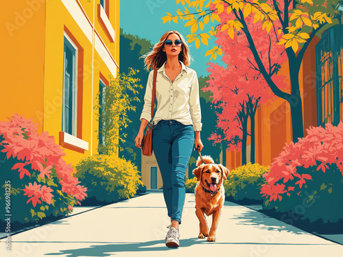 Poster art style illustration of a fashionable woman wearing sunglasses walking her pet dog in the city sidewalk.