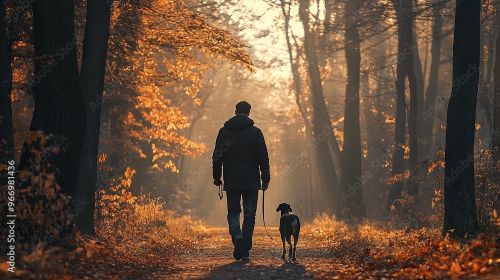 A man walks his dog in an autumn forest A man walks his dog in an autumn forest