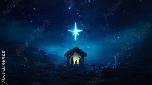 A bright star shines over a nativity scene in a nighttime landscape. photo