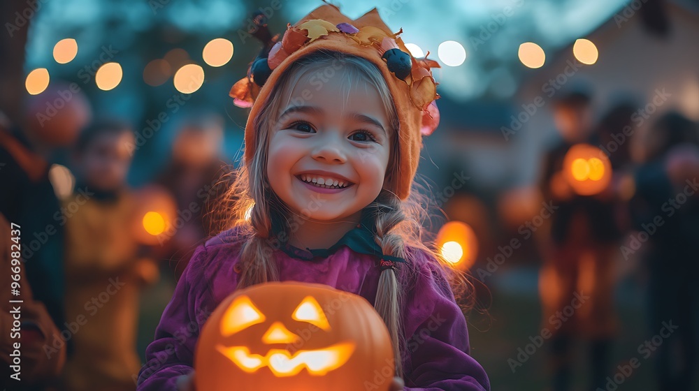 A joyful little girl holds her jack-o'-lantern, her Halloween costume glowing under the night sky. A joyful little girl holds her jack-o'-lantern, her Halloween costume glowing under the night sky.