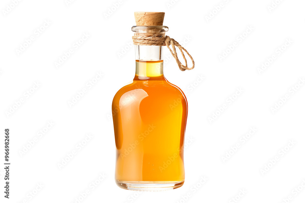 A glass bottle with a cork top holds golden olive oil or apple cider isolated on white transparent background, perfect for culinary uses