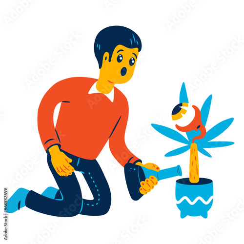 Excited biotechnologist fertilizing a strange plant