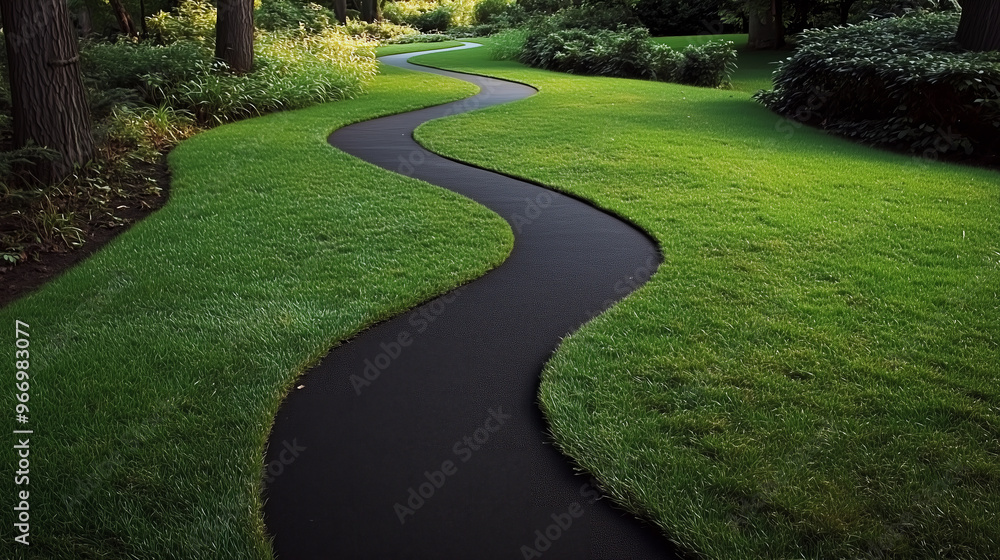 A winding black pathway cuts through a lush green lawn in a park A winding black pathway cuts through a lush green lawn in a park