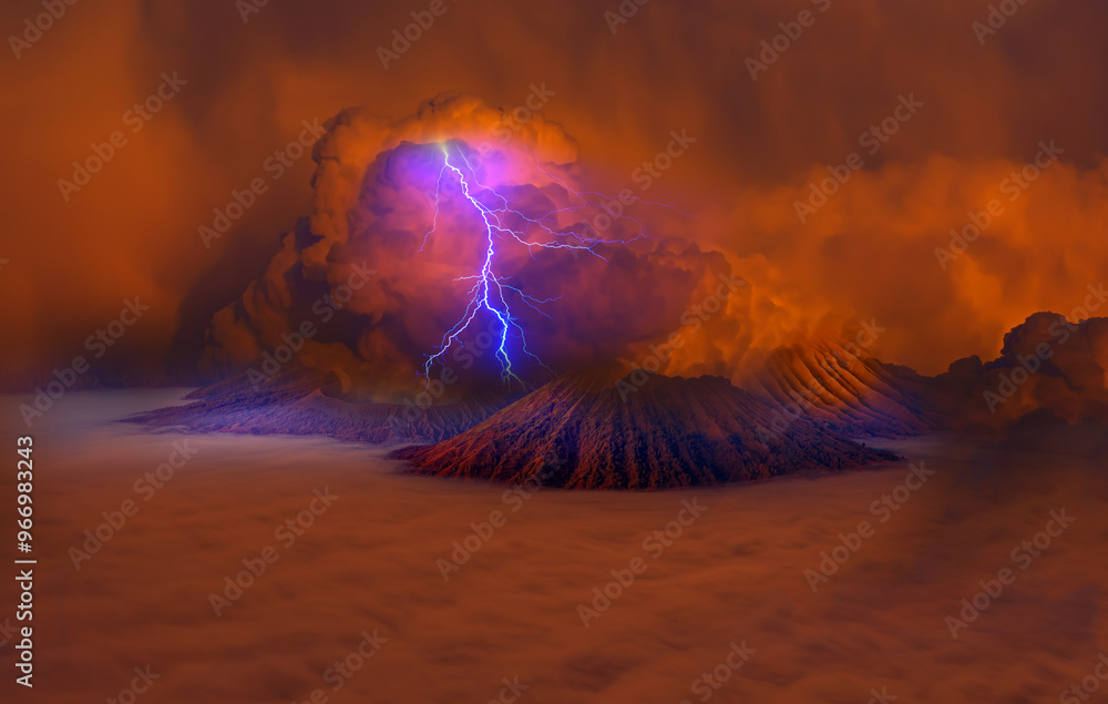 Fototapeta premium Beautiful landscape with Mount Bromo volcano viewpoint in Bromo Tengger Semeru National Park at sunrise, Indonesia.