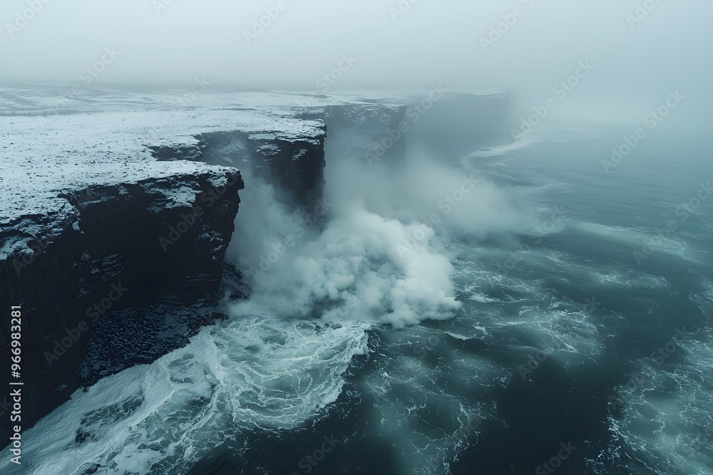 Majestic snow-covered cliffs and turbulent waves meeting in mystical winter scene Majestic snow-covered cliffs and turbulent waves meeting in mystical winter scene