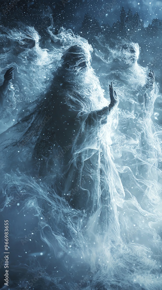 Three ethereal figures shrouded in swirling mist and snow. Three ethereal figures shrouded in swirling mist and snow.