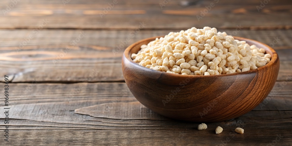 Symmetrical puffed rice breakfast cereal in a wooden bowl Symmetrical puffed rice breakfast cereal in a wooden bowl