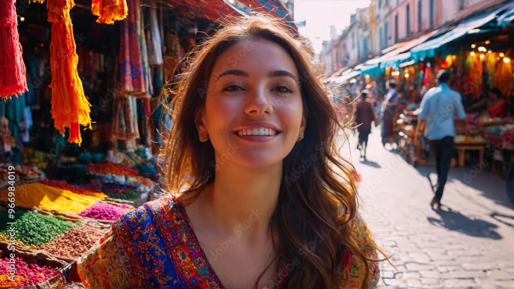 Obraz premium Excited woman exploring a vibrant street market exotic fabrics billowing spices wafting cultural immersion