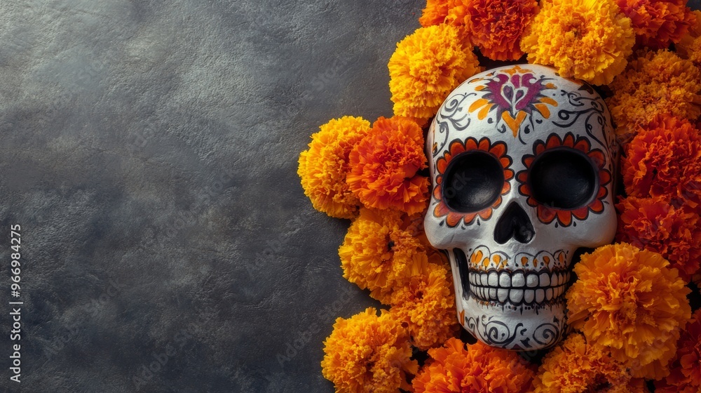 Vibrant Dia de los Muertos Skull with Marigolds and Traditional Mexican Designs in Ornate Frame on Gray Background Vibrant Dia de los Muertos Skull with Marigolds and Traditional Mexican Designs in Ornate Frame on Gray Background