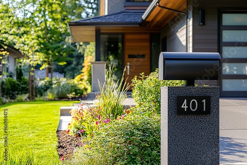 A sleek mailbox stands next to a pristine walkway, highlighting an elegant home entrance with a prominent house number. photo