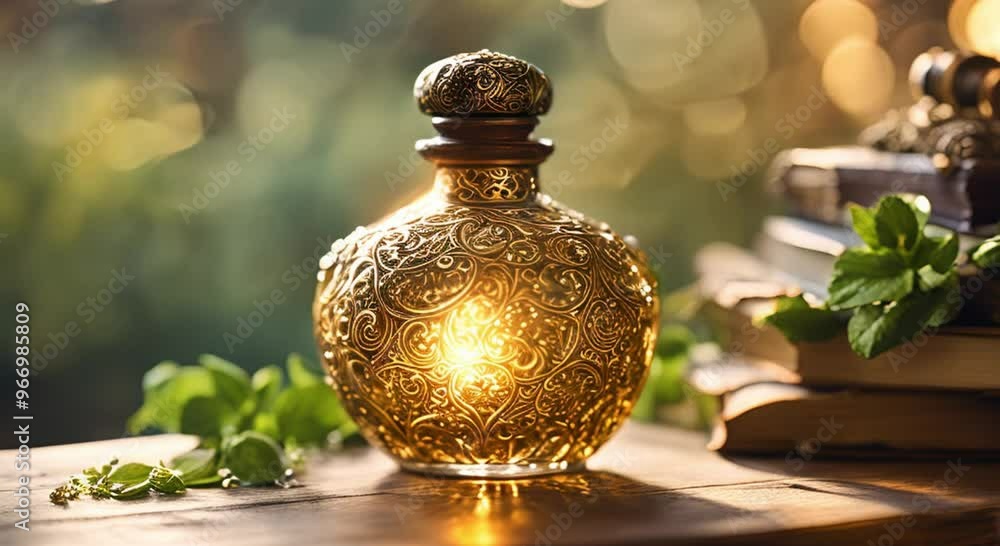 a potion bottle with a beautiful pattern and radiating light a potion bottle with a beautiful pattern and radiating light
