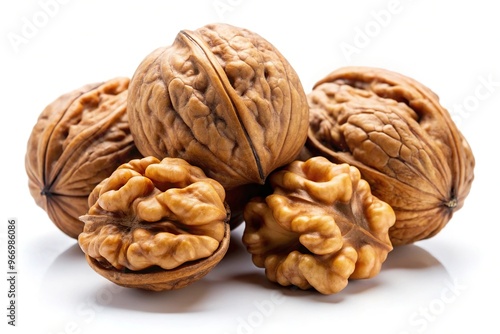 Symmetrical shelled and whole walnuts on white background