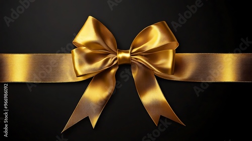 A golden ribbon tied into a bow against a black background. The bow is in the center of the image, with the ends of the ribbon extending to the left and right.