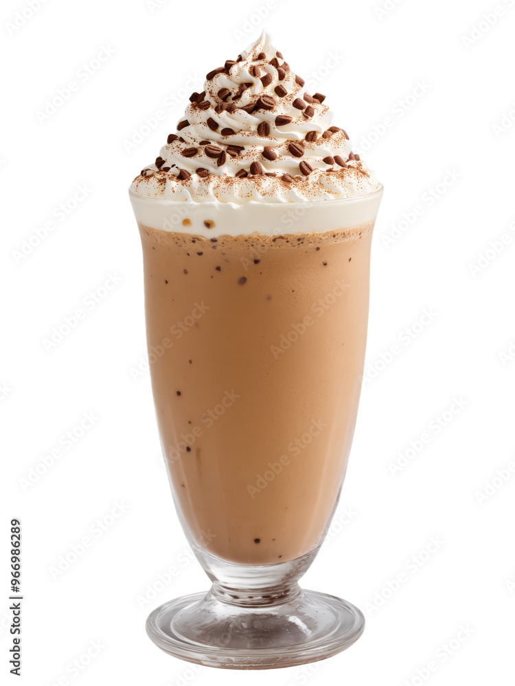 Greek Frappe in tall glass topped with foam and sprinkle of cocoa powder Greek Frappe in tall glass topped with foam and sprinkle of cocoa powder